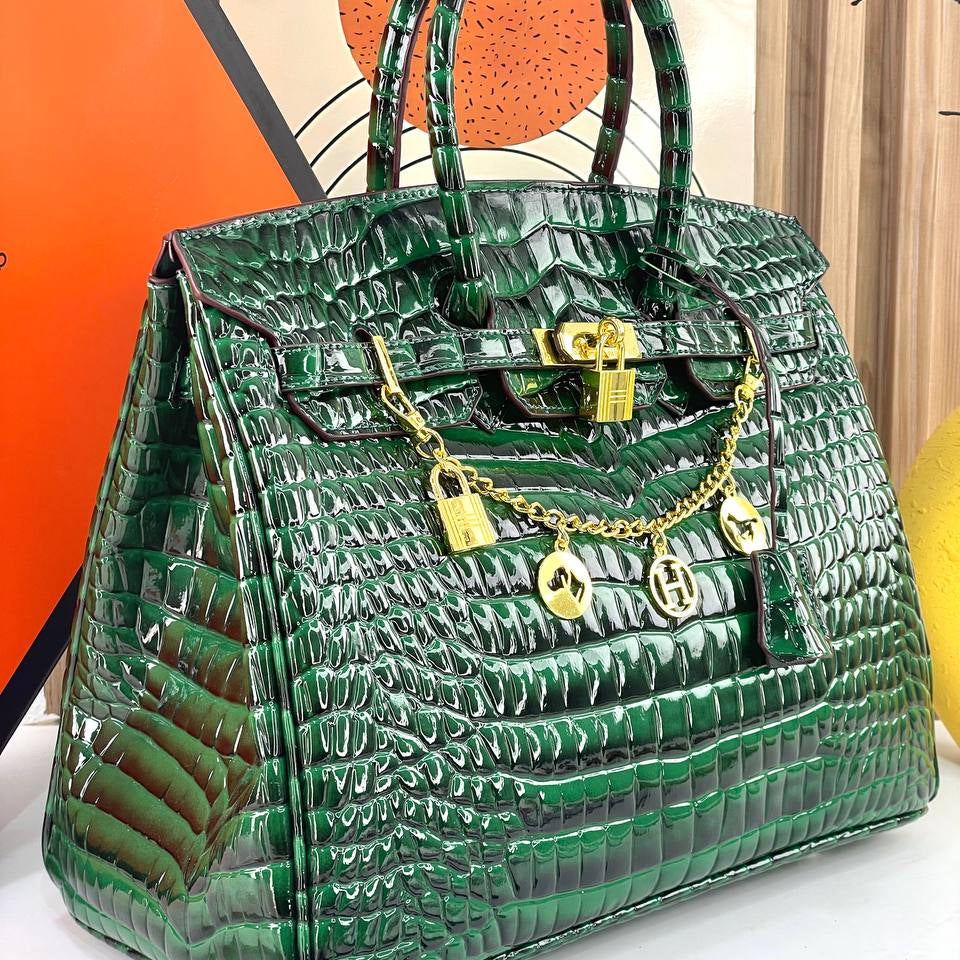 Emerald Crocodile Pattern Structured Handbag