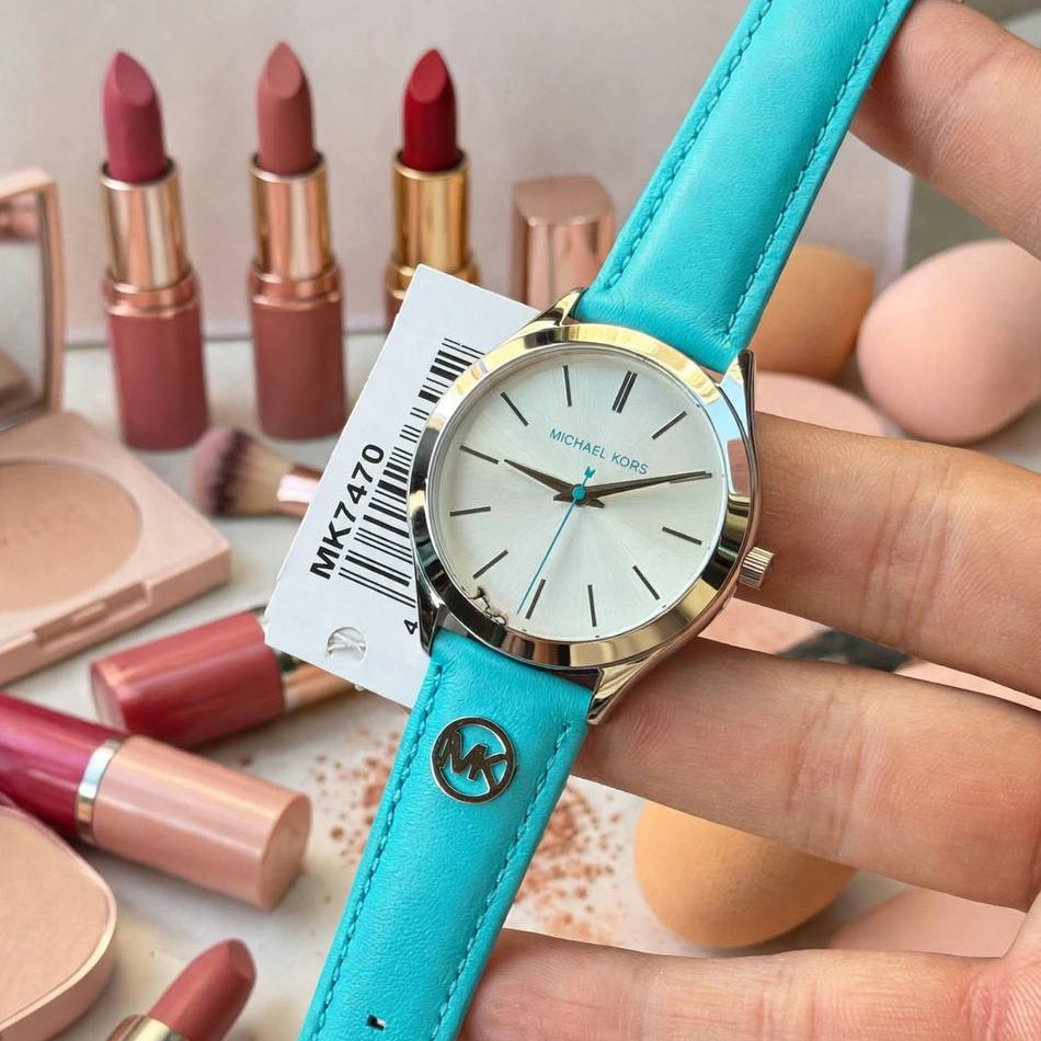 Michael Kors Turquoise Leather Strap Silver Tone Women Watch