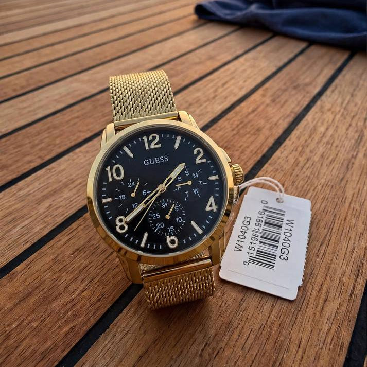 Guess Gold-Tone Mesh Analog Watch with Black Dial
