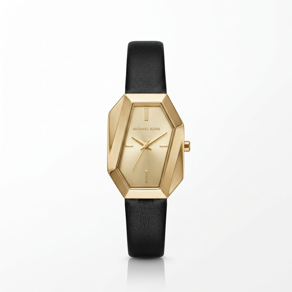 Michael Kors Geometric Gold Tone Watch with Black Leather Strap