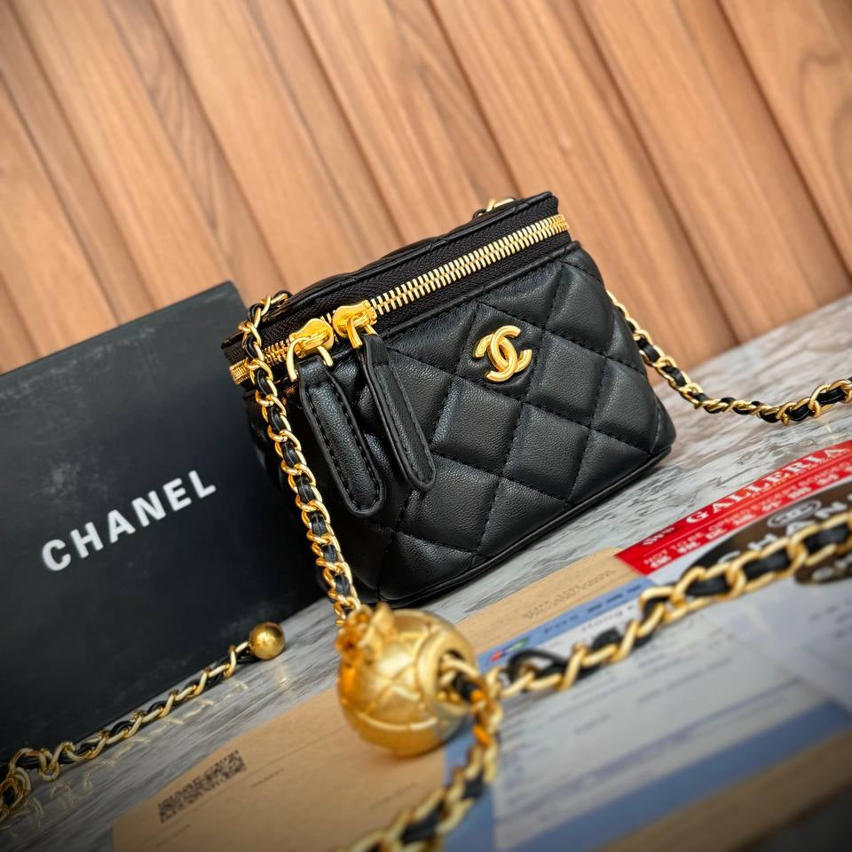 Chanel White Quilted Lambskin Vanity Case with Gold Ball Chain 👜✨🤍