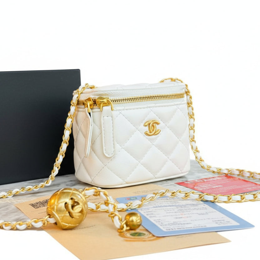 Chanel White Quilted Lambskin Vanity Case with Gold Ball Chain 👜✨🤍