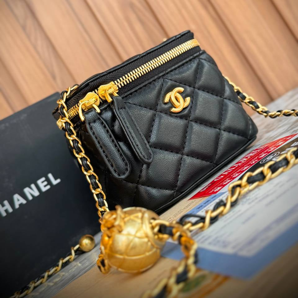 Chanel White Quilted Lambskin Vanity Case with Gold Ball Chain 👜✨🤍