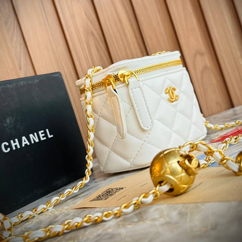 Chanel White Quilted Lambskin Vanity Case with Gold Ball Chain 👜✨🤍