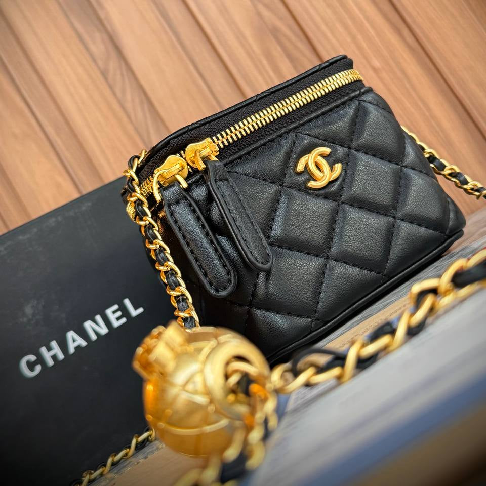 Chanel White Quilted Lambskin Vanity Case with Gold Ball Chain 👜✨🤍