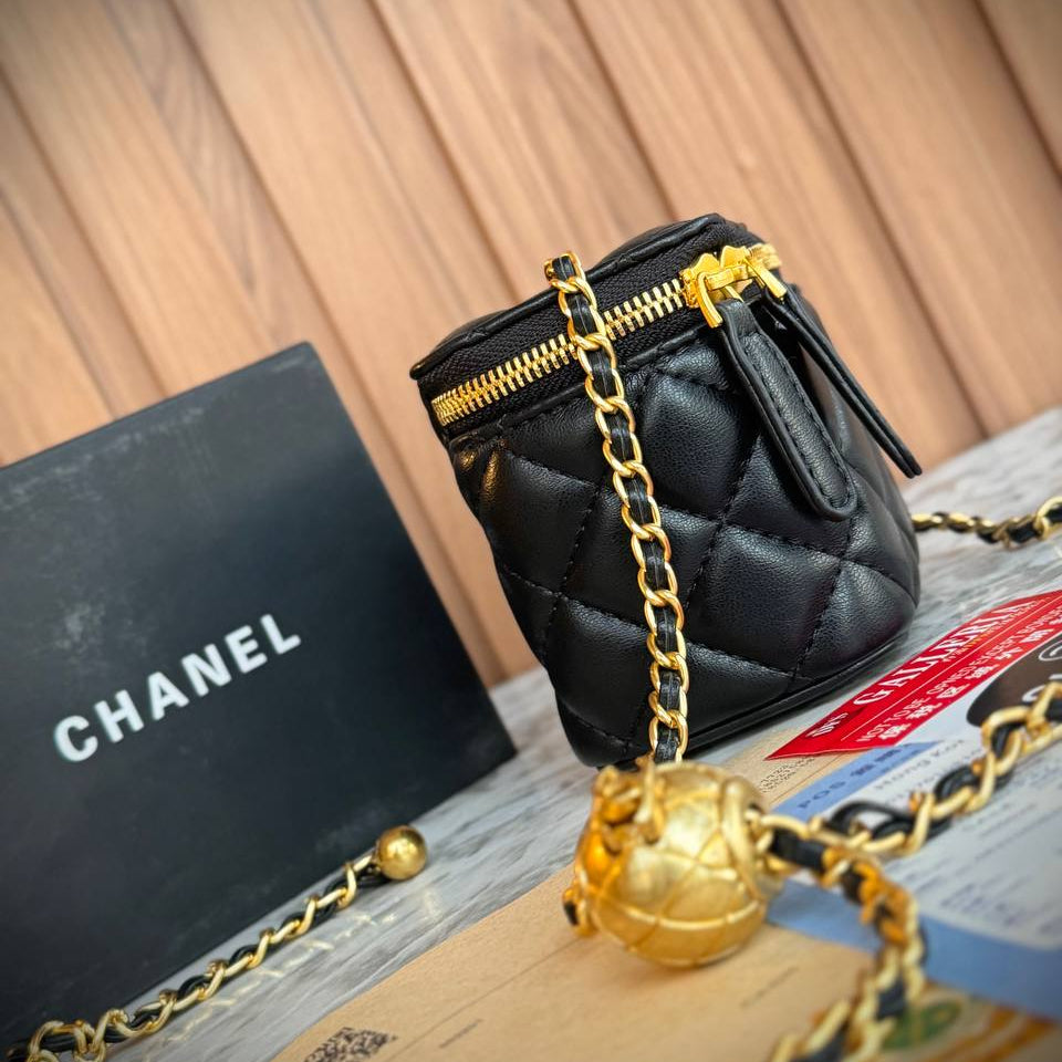 Chanel White Quilted Lambskin Vanity Case with Gold Ball Chain 👜✨🤍