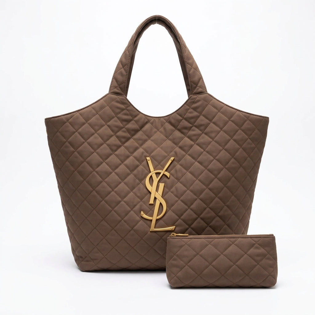 YSL Quilted Textile Tote Bag with Gold Tone Logo