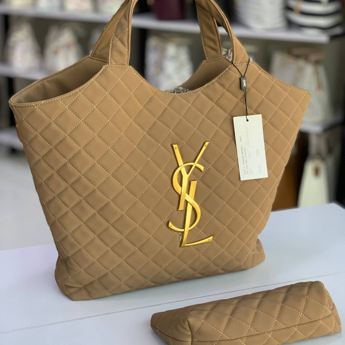YSL Quilted Textile Tote Bag with Gold Tone Logo