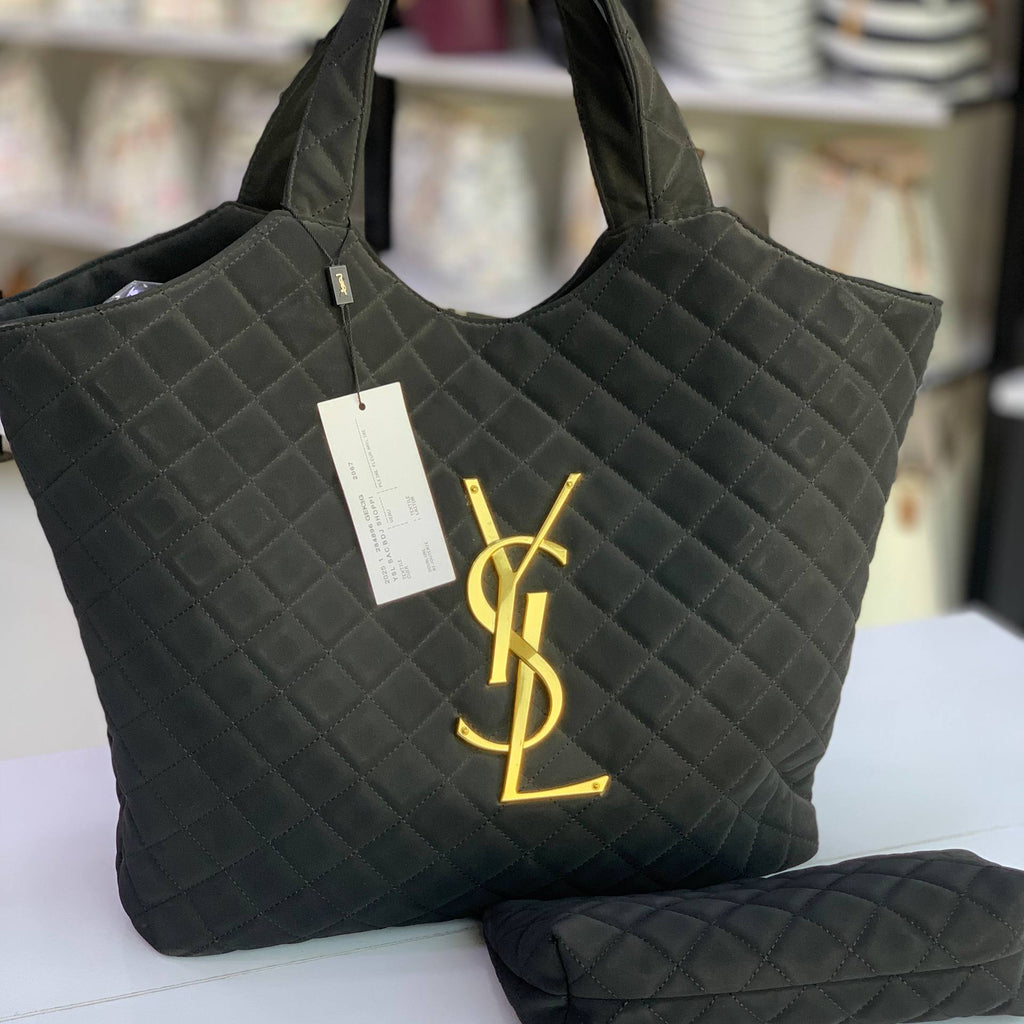 YSL Quilted Textile Tote Bag with Gold Tone Logo