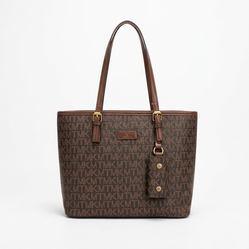 Monogram Pattern Tote Bag with Leather Style Straps