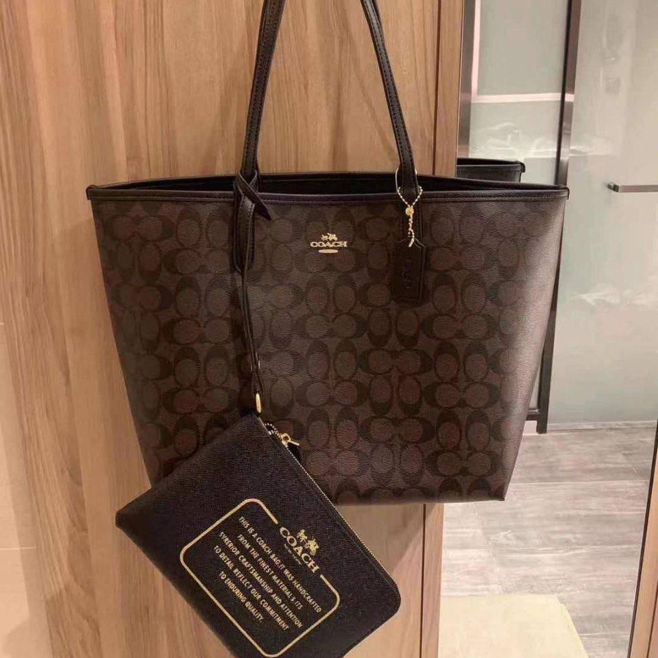 Coach Signature Monogram Tote Bag with Matching Zippered Pouch