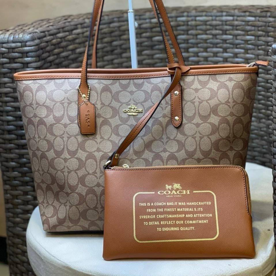Coach Signature Monogram Tote Bag with Matching Zippered Pouch