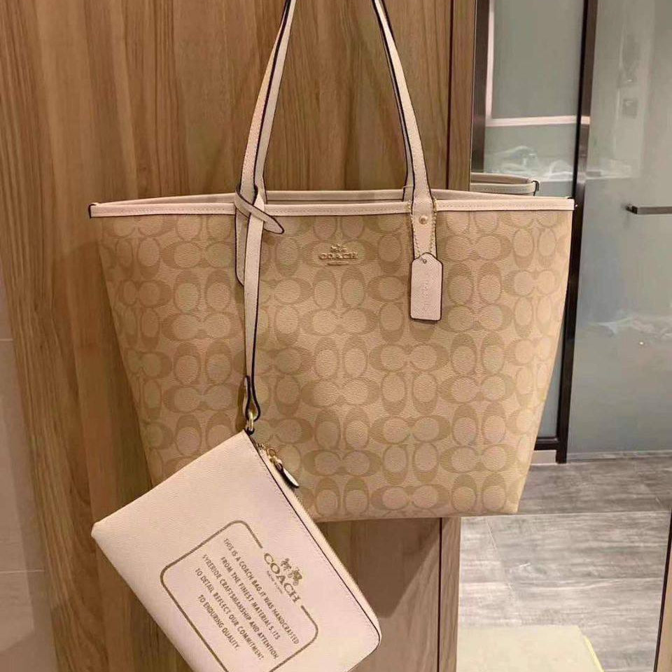 Coach Signature Monogram Tote Bag with Matching Zippered Pouch