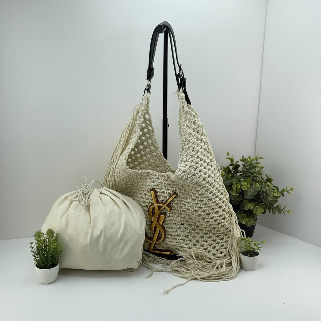 YSL Beige Crochet Shoulder Bag 🧶 Chic & Sustainable