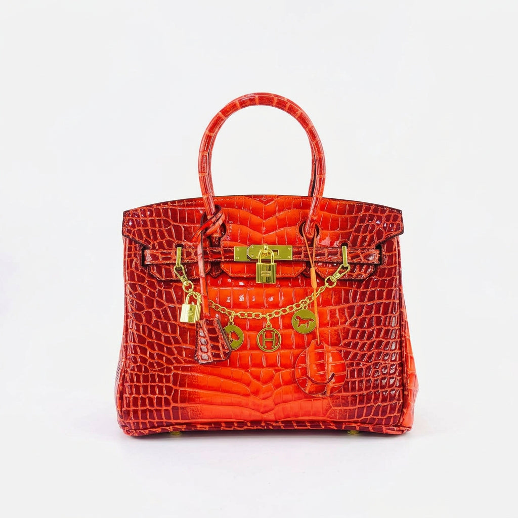 Crocodile Pattern Handbag with Gold Tone Chain Charms