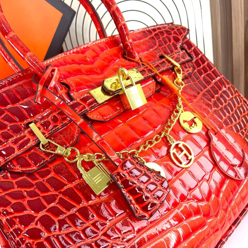 Crocodile Pattern Handbag with Gold Tone Chain Charms