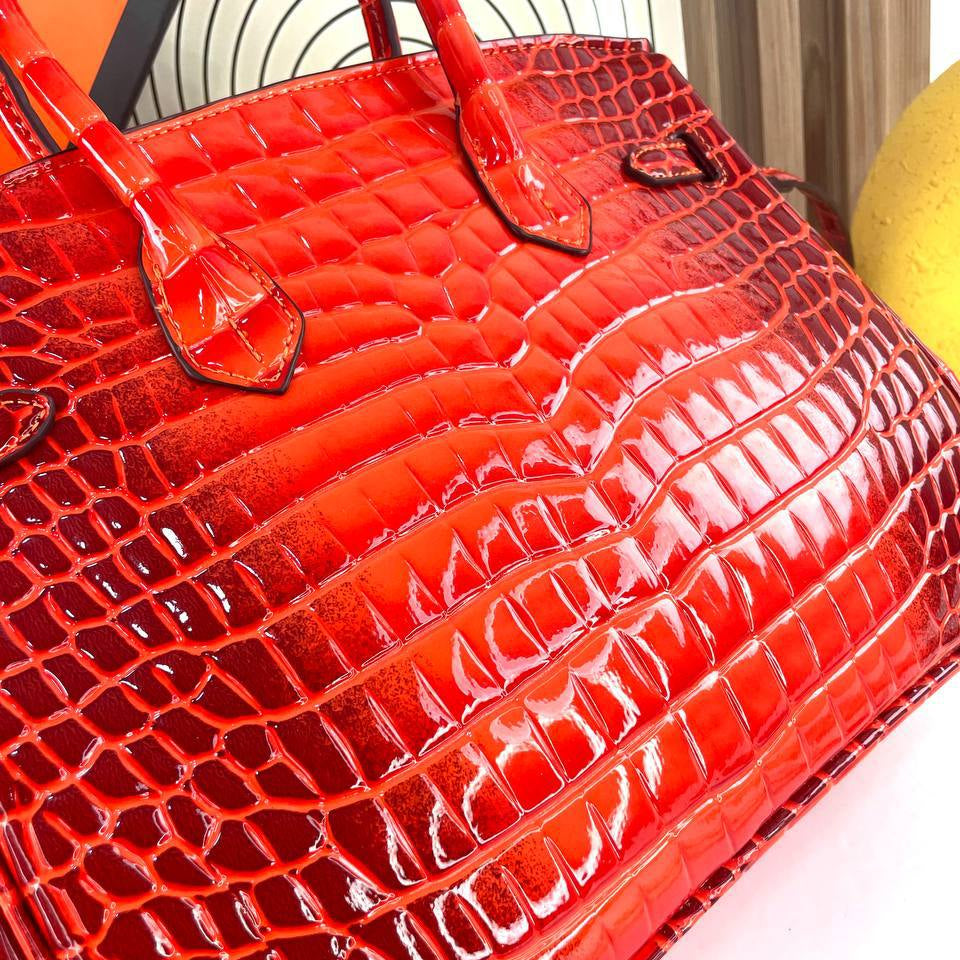 Crocodile Pattern Handbag with Gold Tone Chain Charms