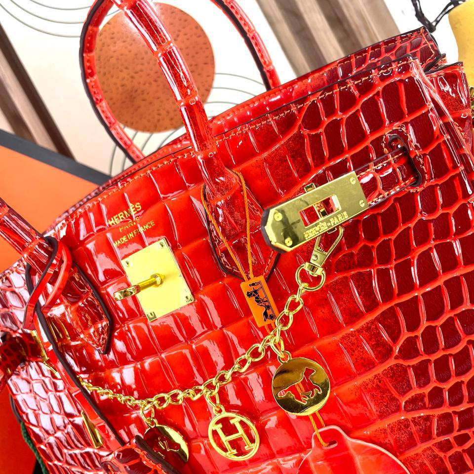 Crocodile Pattern Handbag with Gold Tone Chain Charms