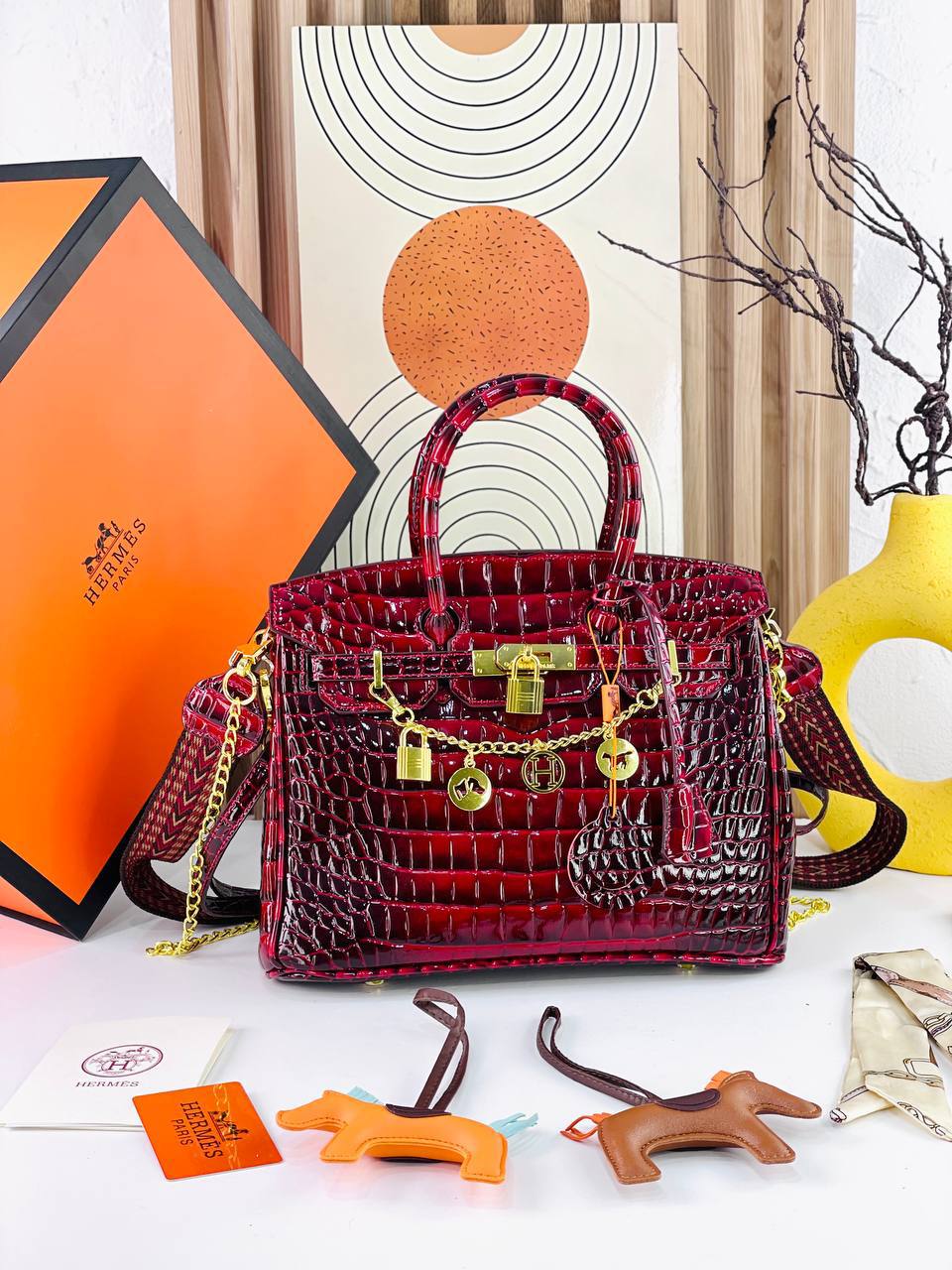 Crocodile Pattern Handbag with Gold Tone Chain Charms