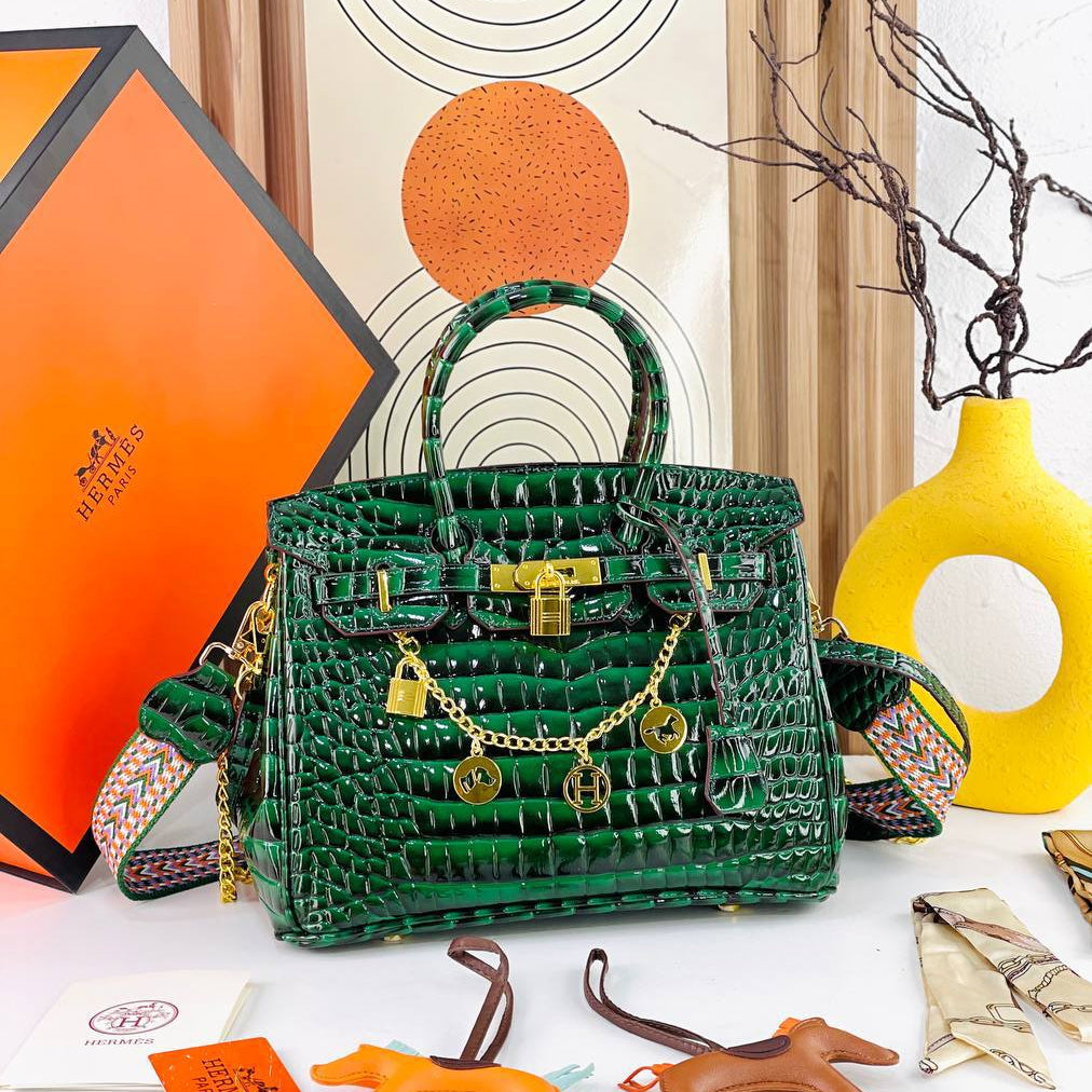 Crocodile Pattern Handbag with Gold Tone Chain Charms