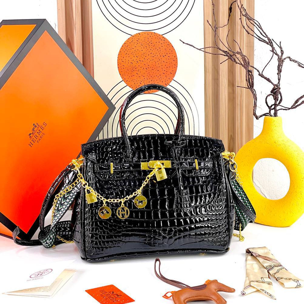 Crocodile Pattern Handbag with Gold Tone Chain Charms
