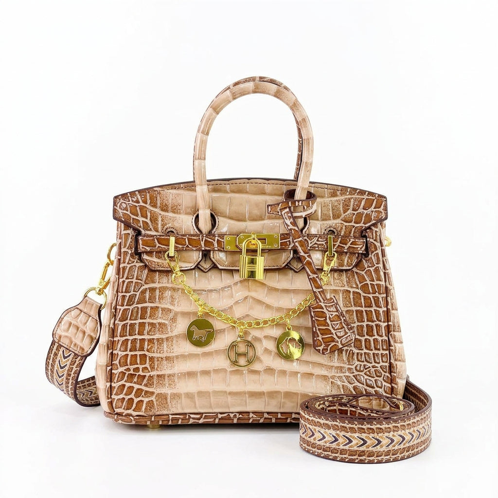 Luxury Crocodile Pattern Handbag with Decorative Charms and Chain