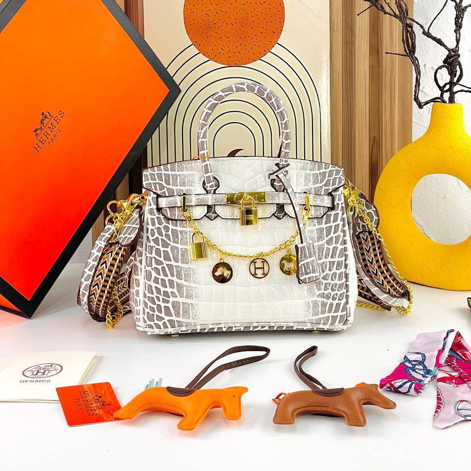 Luxury Crocodile Pattern Handbag with Decorative Charms and Chain