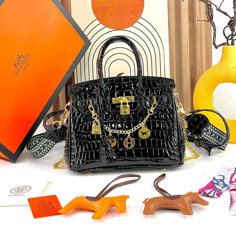 Luxury Crocodile Pattern Handbag with Decorative Charms and Chain