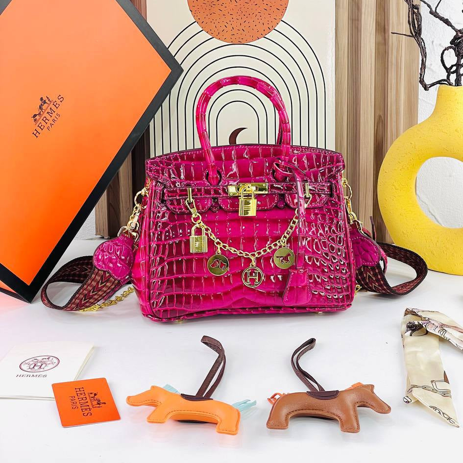 Luxury Crocodile Pattern Handbag with Decorative Charms and Chain