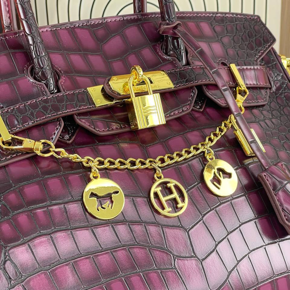 Crocodile Pattern Faux Leather Handbag with Decorative Charms