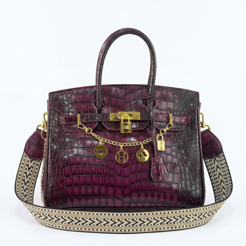 Crocodile Pattern Faux Leather Handbag with Decorative Charms