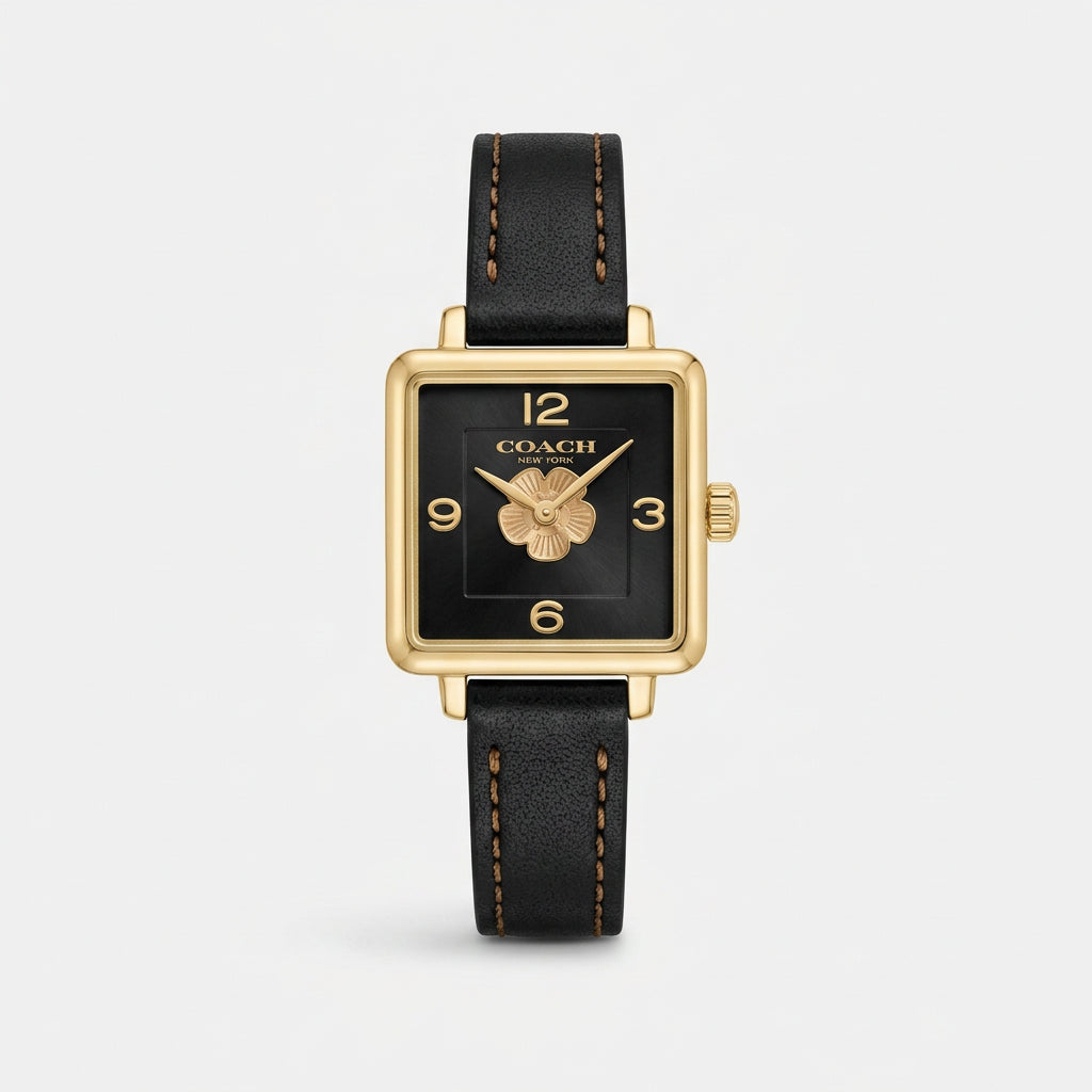 Coach Square Face Watch with Black Leather Strap and Gold Accents
