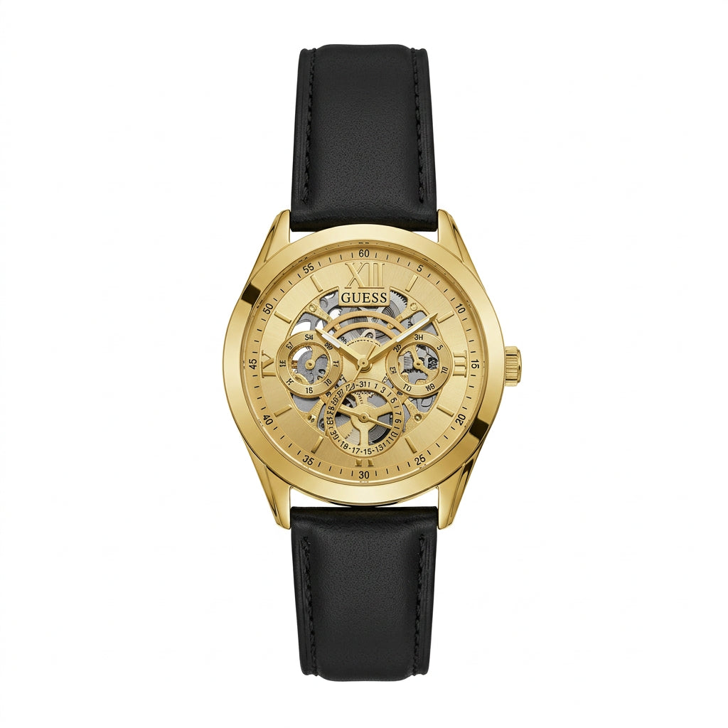 Guess Gold Tone Skeleton Dial Watch with Black Leather Strap