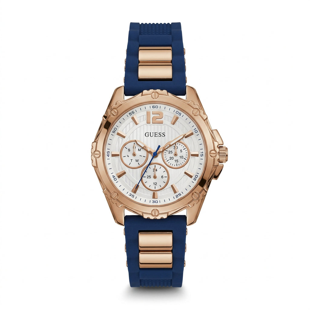 Guess Women's Blue Silicone Strap Watch with Rose Gold Accents