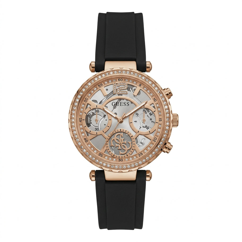 GUESS Rose Gold Crystal Accent Watch with Black Silicone Strap
