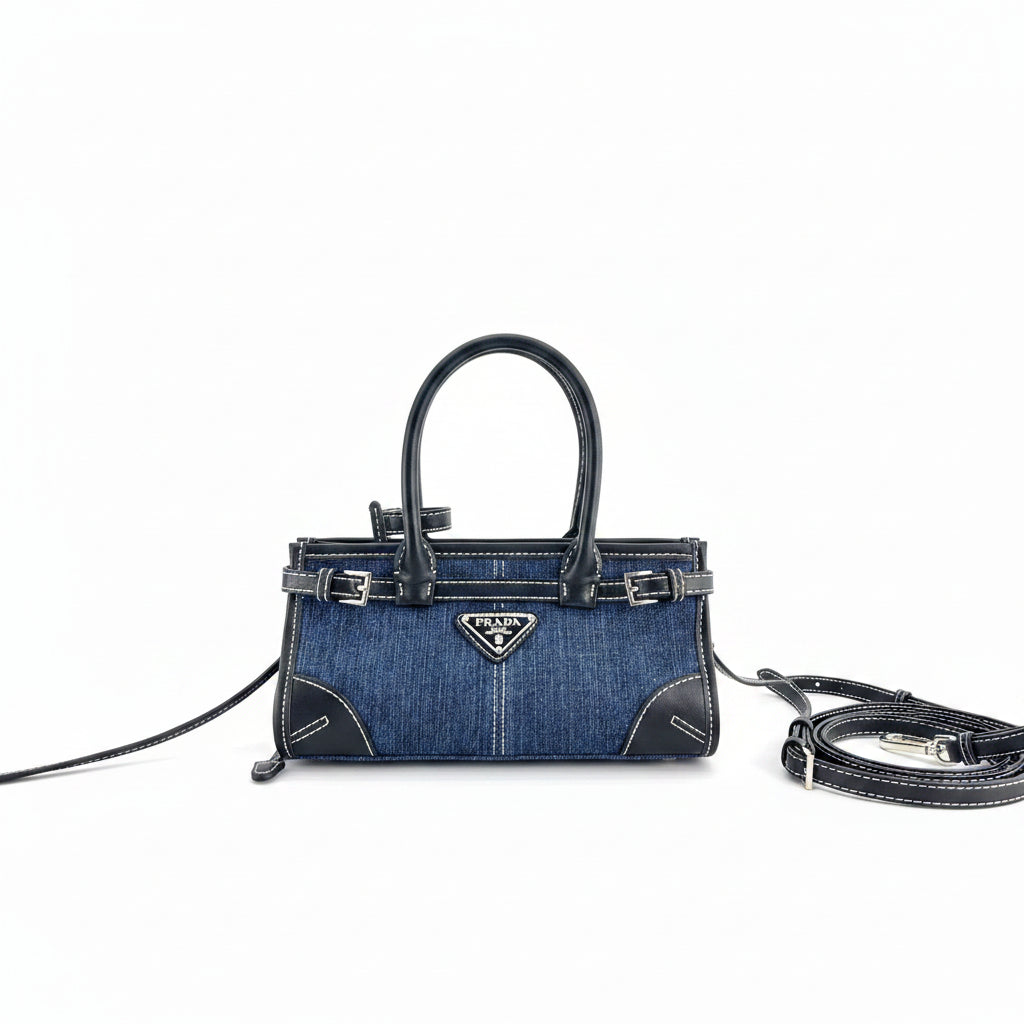 PRADI Denim & Leather Bag 💙🖤 Chic Handbag