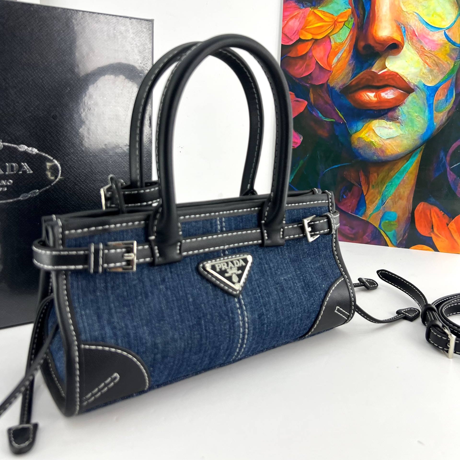PRADI Denim & Leather Bag 💙🖤 Chic Handbag
