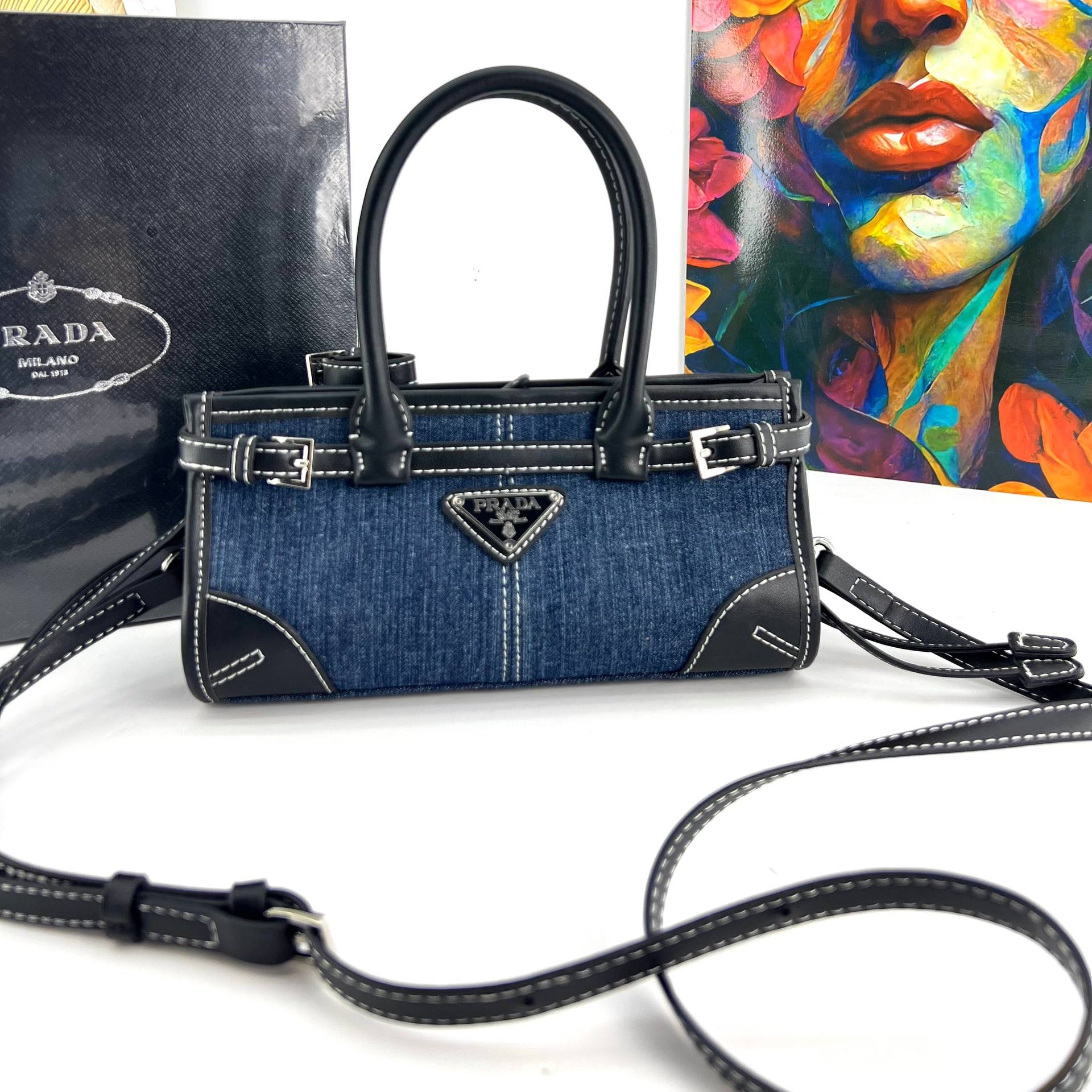 PRADI Denim & Leather Bag 💙🖤 Chic Handbag