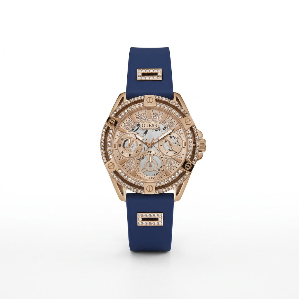 Guess Crystal Embellished Rose Gold Tone and Blue Silicone Watch