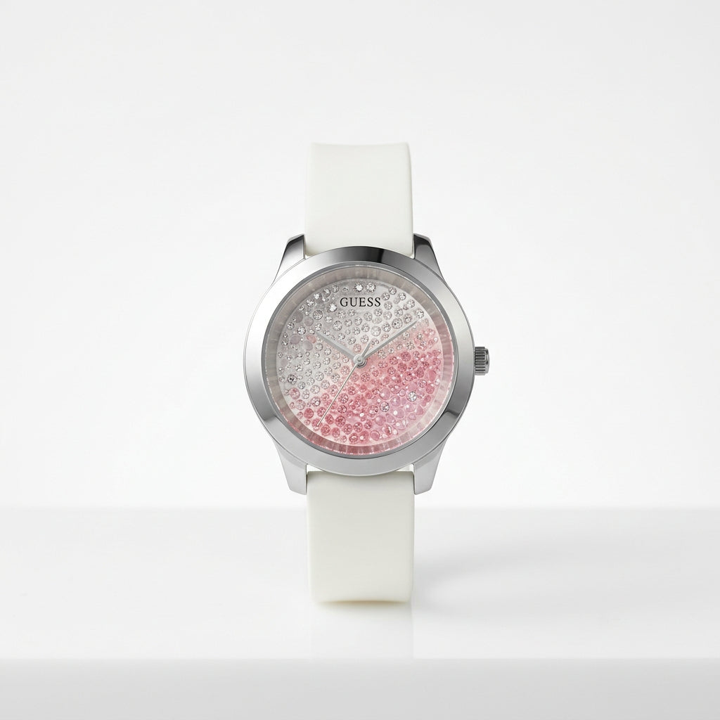 Guess Women's Gradient Pink Crystal Dial Watch with White Strap