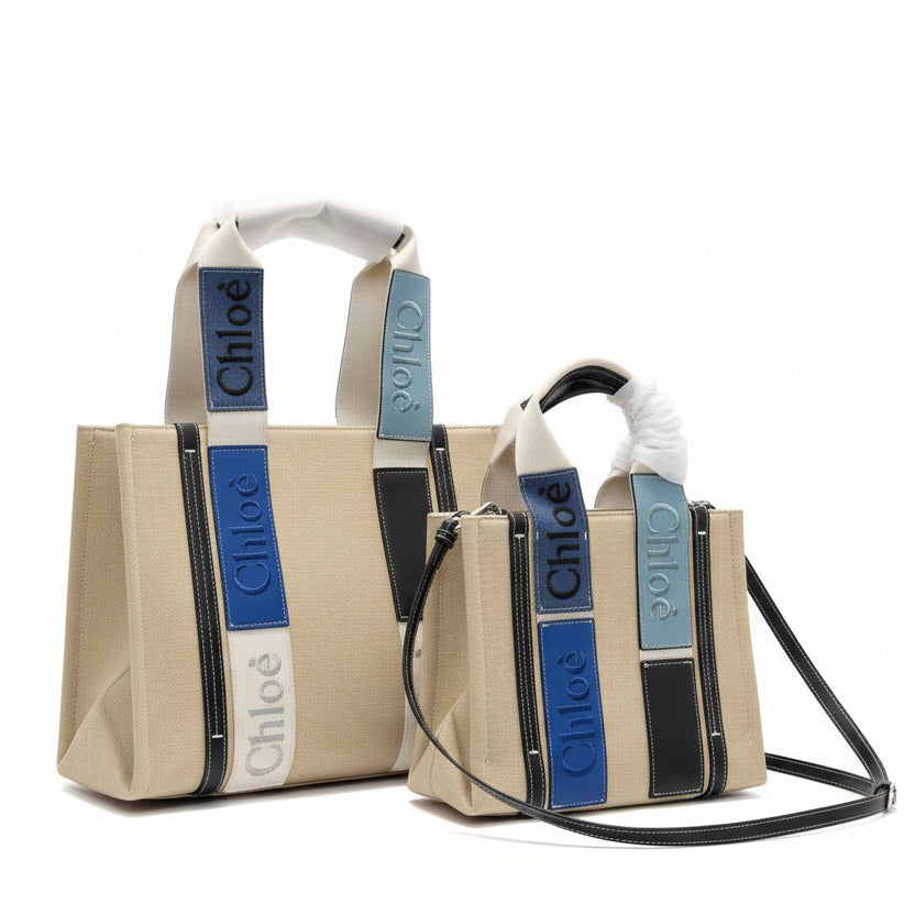 Chloé Woody Canvas Tote Duo in Beige & Blue 👜✨💙