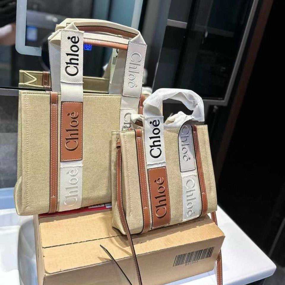 Chloé Woody Canvas Tote Duo in Beige & Blue 👜✨💙