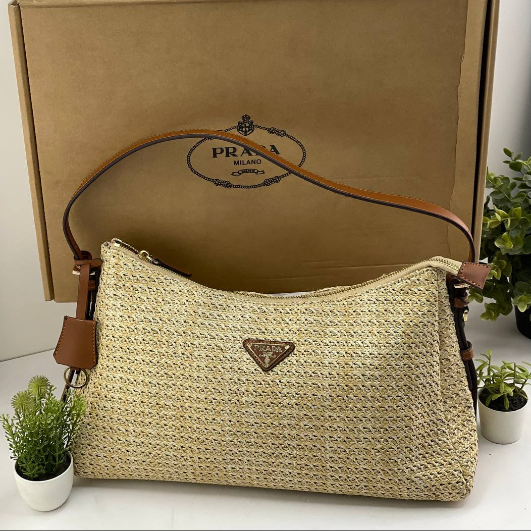 Prada Straw & Leather Beige Bag 👜🌾 Chic Design
