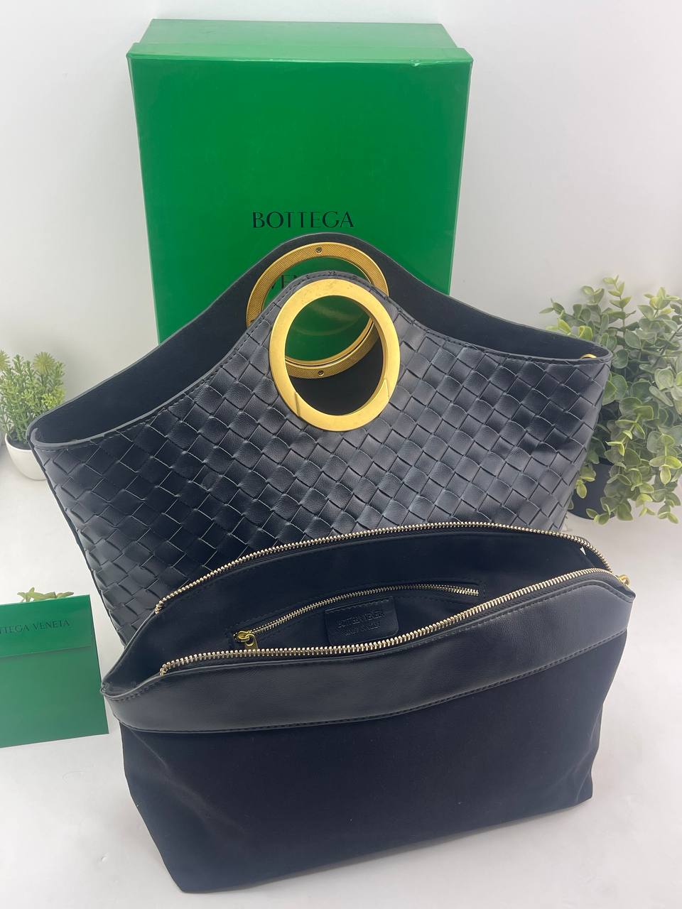 Bottega Veneta Intrecciato Tote Bag with Gold Ring Handle 👜✨🖤