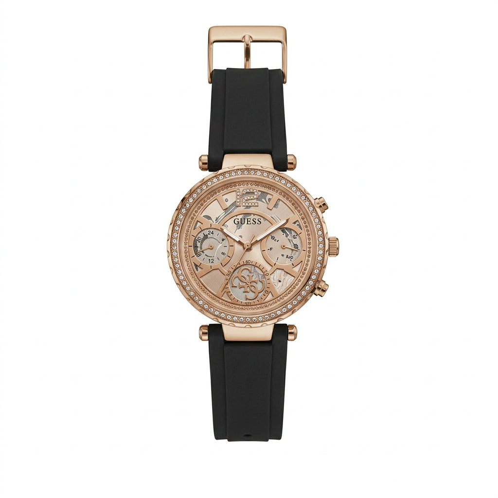 Guess Crystal Accented Rose Gold Tone and Black Silicone Watch