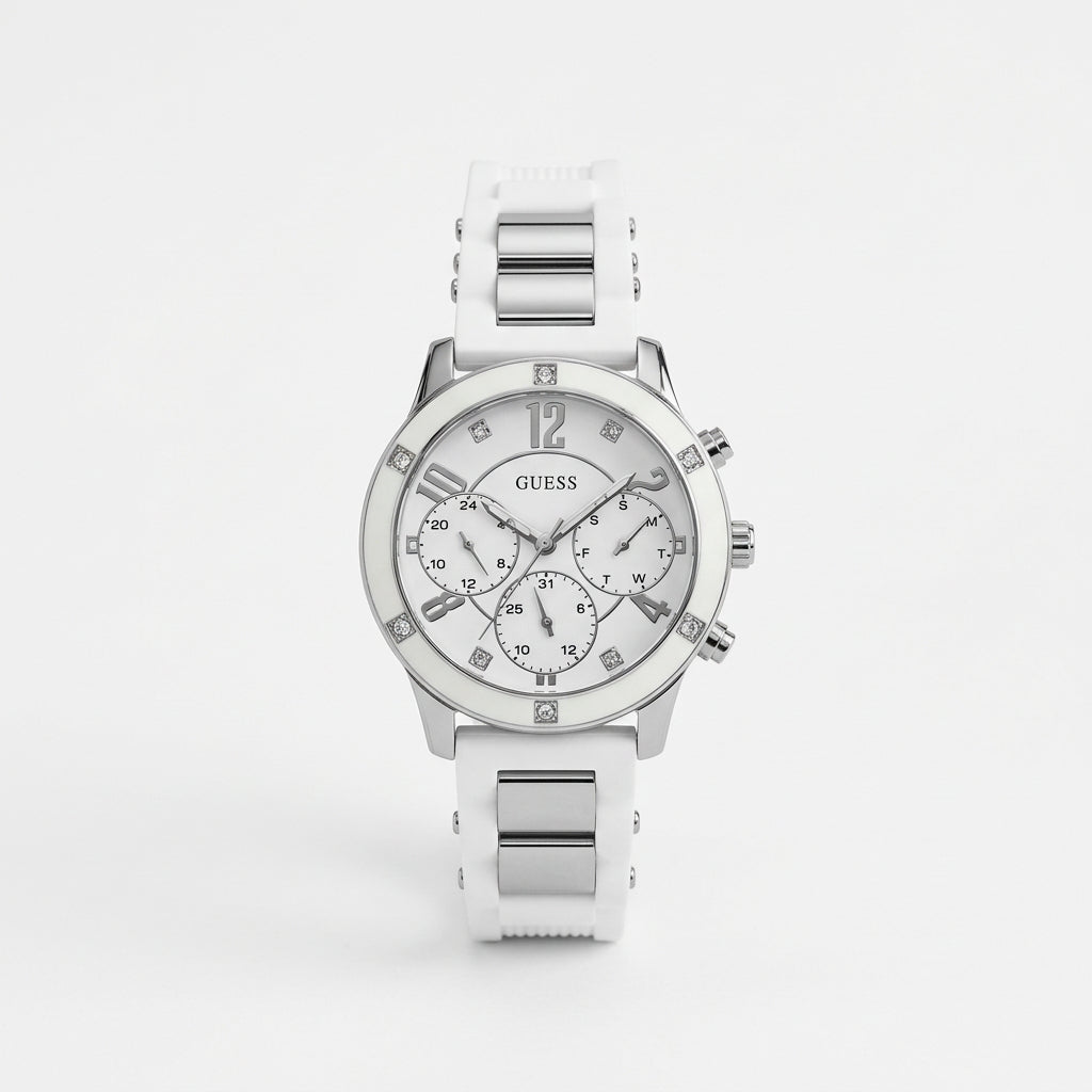 GUESS Crystal Bezel White and Silver Tone Womens Watch