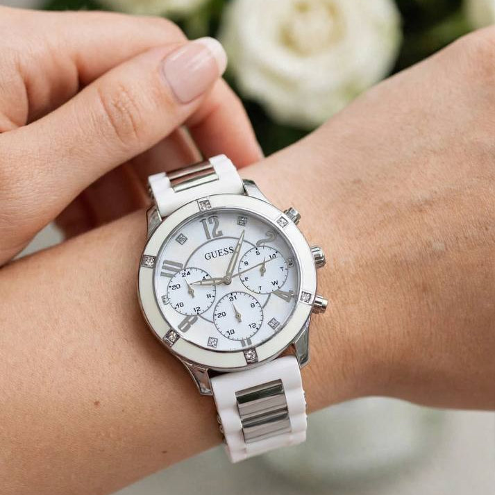 GUESS Crystal Bezel White and Silver Tone Womens Watch