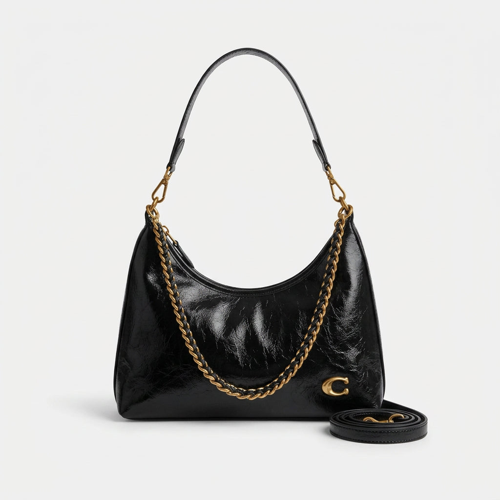 Glossy Chain Shoulder Bag with Gold Tone Hardware