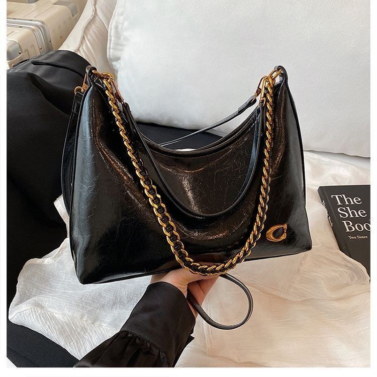 Glossy Chain Shoulder Bag with Gold Tone Hardware