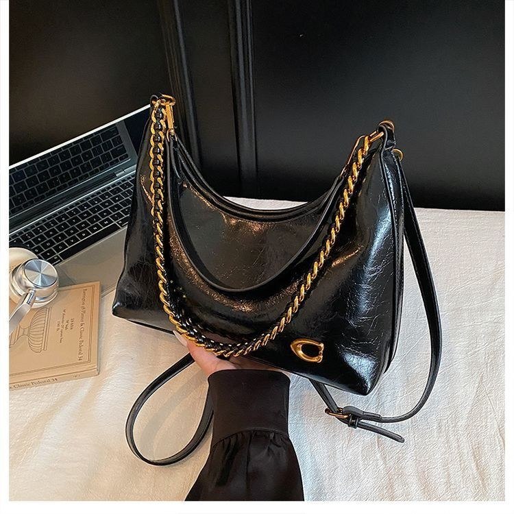 Glossy Chain Shoulder Bag with Gold Tone Hardware